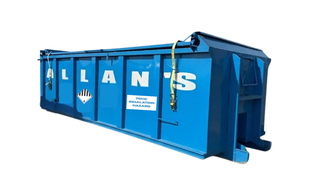 Asbestos waste in a bin