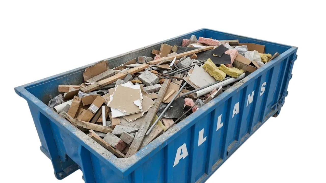 Construction bin filled with renovation materials on a job site