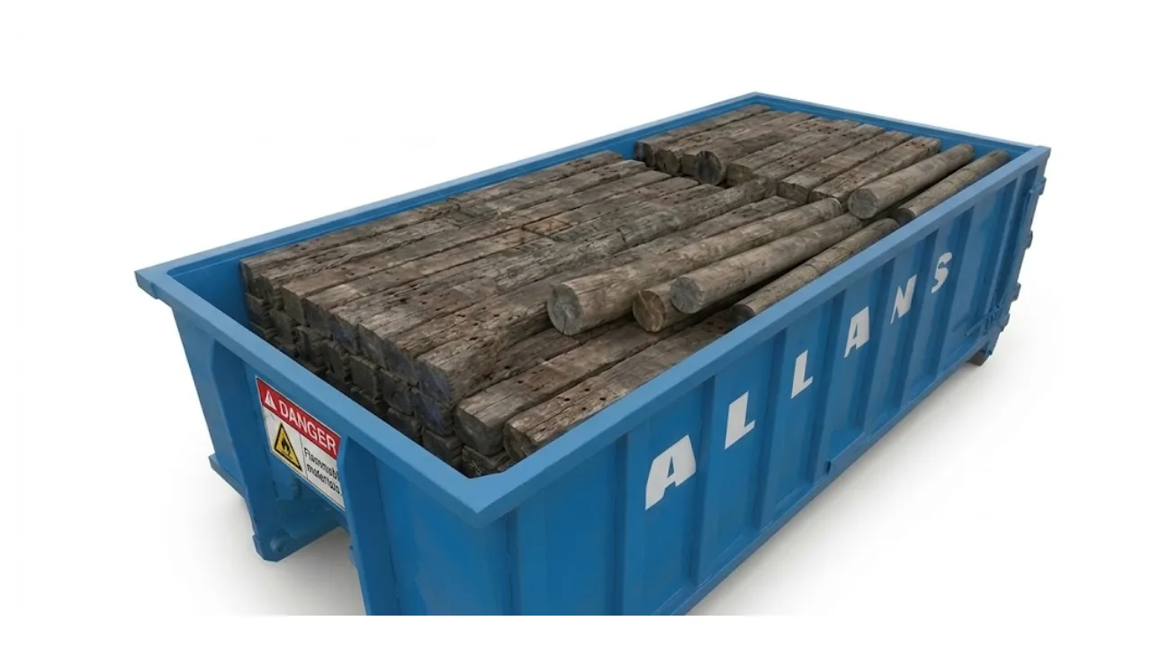 Railway tie and power poles waste in a bin